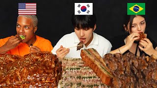 [America VS Korea VS Brazil] People Try Each Other's BBQ l Texas RIB, Churrasco l ASMR MUKBANG