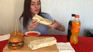 MUKBANG | 2 бургера, 2 шаурмы 1л газировки | 2 burgers 2 shawarma 1L soda | не ASMR