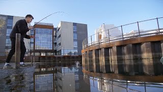 Her får David en lidt speciel fisk på krogen ved Odense Havn