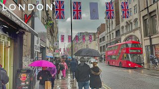 London Rainy Walk Tour | 4K HDR Virtual Walking Tour around the City |London Summer Street Walk 2023