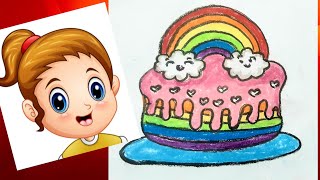 How to Draw Rainbow Cake step by step drawing tutorial | Pretty rainbow cake with clouds and heart.