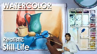 Realistic Watercolor Still Life Painting : Jug, Kettle, Fruit, Drapery | step by step | Supriyo