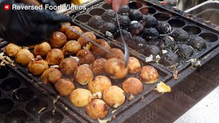 [Reverse video] Cuttlefish ink Takoyaki making / 墨魚章魚燒製作 - Taiwan street food