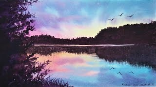 EASY Pond Sunset /using ONLY 3 Colors!   Real-Time Watercolor Tutorial