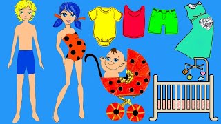 Paper dolls Ladybug & Cat Noir mother & daughter family dress up costumes dresses Newborn Papercraft