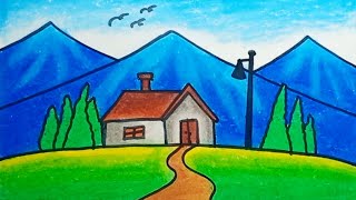 How To Draw Mountain Scenery Easy Step By Step |Drawing Mountain Scenery With Oil Pastels