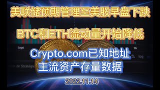 美联储对高速上升的风险市场进行预期管理，BTC和ETH流动量降低，公布Crypto.com已知地址资产数据——2022.11.14