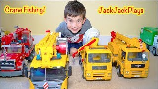 Pretend Play Fishing with Crane Trucks! | Fun Game with Toys & Construction Vehicles | JackJackPlays