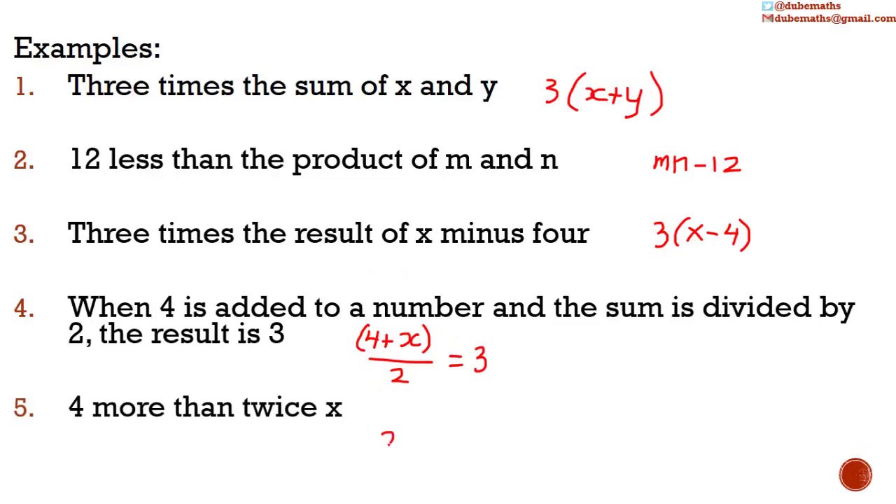 X | Unknown | Translating Verbal Statements Into Algebraic Expressions ...