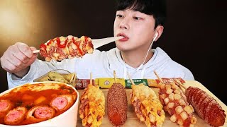 Corn dog & Tteokbokki Mukbang! Crispy Corn dog filled with Cheese and Spicy Tteokbokki ASMR