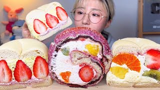 SUB) Season Fruit Mammoth Roll Bagel Pistachio Strawberry Bagel Eating Show. Dessert Mukbang