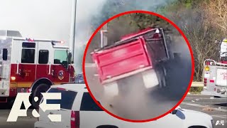 Dump Truck Flips, CATCHES FIRE After Three-Vehicle Crash | Road Wars | A&E