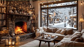 Snowy Winter Ambience ⛄☕🎷Cozy Winter Jazz at Warm Coffee Shop with Cozy Winter Fireplace for Relax