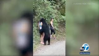 Woman takes selfie as bear sniffs her hair on hiking trail in Mexico