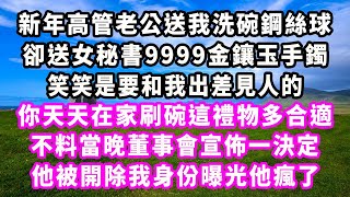 新年高管老公送我洗碗鋼絲球，卻送女秘書9999金鑲玉手鐲，笑笑是要和我出差見人的，你天天在家刷碗這禮物多合適，不料當晚董事會宣佈一決定，他被開除我身份曝光他瘋了#爽文#大女主#現實情感#家庭