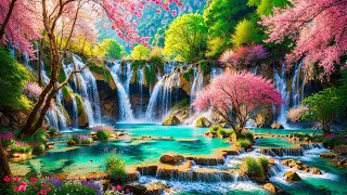 Blossoming Paradise: Cascading Waterfalls and Vibrant Spring Beauty