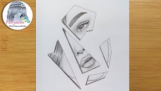 Sad girl face in broken mirror - Pencil Sketch for beginners || how to draw a girl - step by step