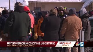 Prison staff protest outside Clinton Correctional Facility in Dannemora, New York