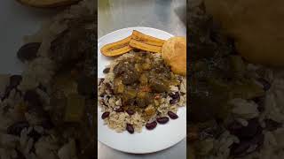 Curry mutton, rice and peas, fried plantain and dumplings #caribbeancooking #cookeryschool