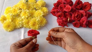 Small red Roses and yellow chamanthi flowers Beautiful Bridal poola jada making/Rose poola jada