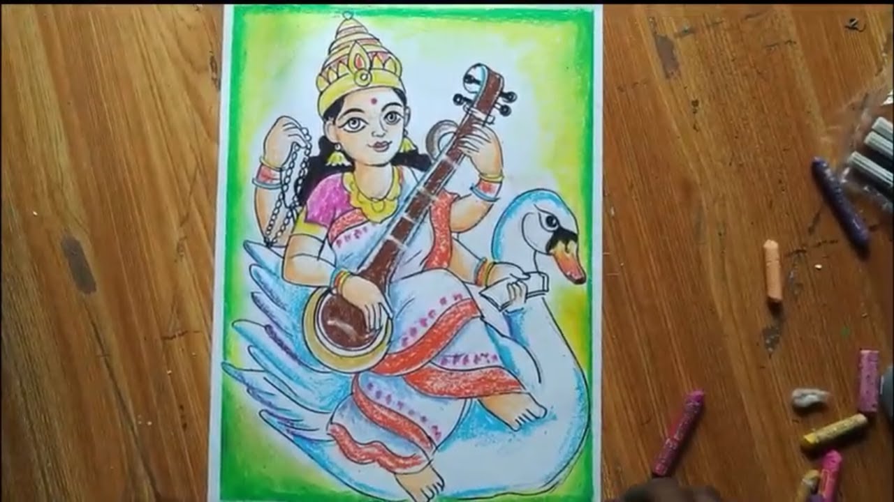 How To Draw Saraswati Devi With Color,maa Saraswati Ful Figer Drawing ...