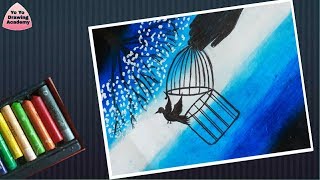 Easy Oil Pastels Drawing for Beginners - How to draw birds in cage | How to draw Birds Want freedom