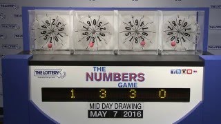 Midday Numbers Game Drawing: Saturday, May 7, 2016