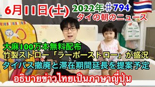 2022年6月11日タイの朝のニュース紹介、タイパス撤廃と滞在期間延長を提案予定、政府が大麻100万本無料配布、竹製ストローラーポ―ストローに人気、など