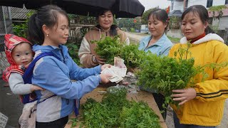 Single mother and her child pick wild vegetables to bring back to the village to sell to people.