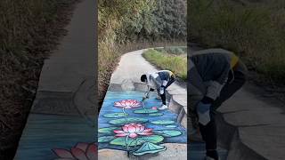 I made 3d Lotus and lake on road 🤯 3d drawing #arts #drawing