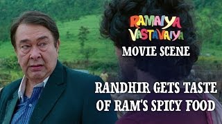 Randhir gets taste of Ram's Spicy Food - Ramaiya Vastavaiya Scene - Randhir & Girish