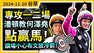 【中佬賽馬貼士】（11月20日谷草）專攻一二場 ｜潘頓教何澤堯點贏馬｜頭場小心布文放冷箭！畀多次機會黎昭昇？#賽馬賠率#賽馬直播 #賽馬貼士#冷馬#高風險#高回報#潘頓#布文#黎昭昇#何澤堯