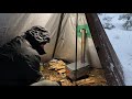 hot tent snow camping in old growth forest wood stove cheese steak