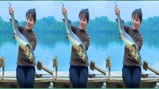 Rural girl fishing Fishing on the big lake The purity of mountain people simple life