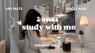 📚2 HOUR real time study with me: 50 min Pomodoro/ lofi music + gentle rain🌧 / with timer