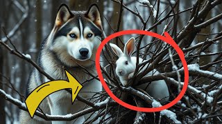 White Helpless Rabbit Trapped in Tree Branches Saved by Heroic Siberian Husky