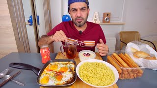 موكبانغ وجبة الفطور الصباحي خاصتي: مخلمة بيض بصراوية ونولدز وقشطة وكعك وشاي Eating Show My Breakfast