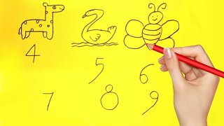 How To Draw Animals From 1 To 9 Numbers ! Veary Easy Kids Animals Drawing ! Step By Step Drawing