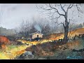 How to paint tree and cabin with watercolor