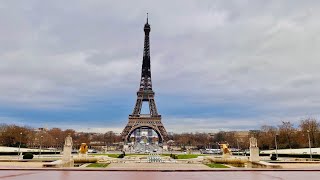 One day walking tour in Paris, France. View to Eiffel. 4K video.