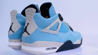 Air Jordan 4 University Blue UNC laceswapped with Cement Grey Laces - by Slickieslaces