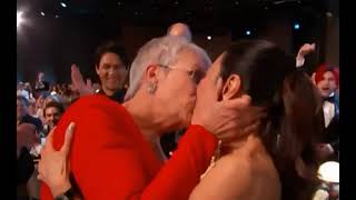 Jamie Lee Curtis kisses Michelle Yeoh at the SAG awards ceremony
