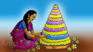 Telangana Women Making Bathukamma Drawing / How to Draw bathukamma Drawing / saddula bathukamma 2021