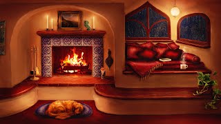 Relaxing Rain and Fireplace Sounds at Night 8 Hours - Cozy Ambience Reading Nook