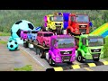 Double Flatbed Trailer Truck vs Speedbumps Train vs Cars Tractor vs Train Beamng Drive #47