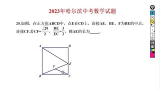 2023年哈尔滨中考数学，填空第20题求正方形中线段长度