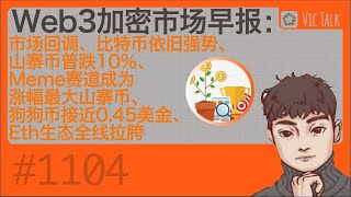 Web3加密市场早报：市场回调、比特币依旧强势、山寨币普跌10%、Meme赛道成为涨幅最大山寨币、狗狗币接近0.45美金、Eth生态全线拉胯【Vic TALK 第1104期】