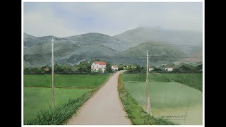 水彩日记慢速版 云雾中的乡村风景 2024.4.14 watercolor tutorial