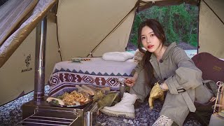 [4K] Camping alone by the river | a fire stove cooking | 🔔 Event