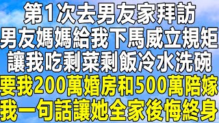 第1次去男友家拜訪，男友媽媽給我下馬威立規矩，讓我吃剩菜剩飯冷水洗碗，要我200萬婚房和500萬陪嫁，我一句話讓她全家後悔終身！#情感秘密 #情感 #中年 #家庭 #深夜故事 #為人處世 #老年